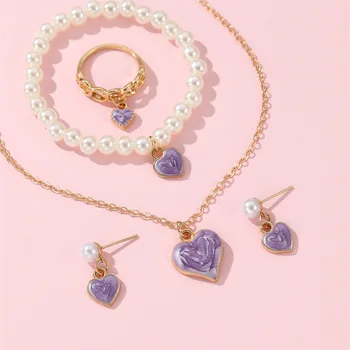 Coreeană Simplu Picura Ulei Violet Albastru Pandantiv Inima Inele Colier pentru Fete Elegant Pearl Bratara Cercei Copii Drăguț Set de Bijuterii