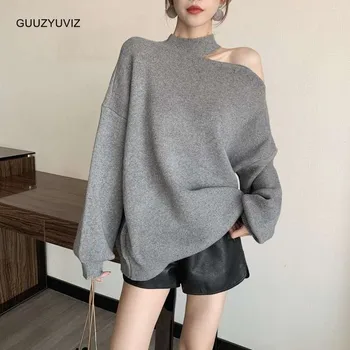 GUUZYUVIZ Toamna și Iarna Mâneci Largi de Înaltă Gât pulover Pulover Top Design Simți Pe Umăr Tricotaje pentru Femei