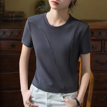 Vara 2023 nouă femei de culoare pură gât bumbac t-shirt design de cusut sens sacou scurt negru