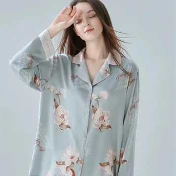 QSROCIO Femei Primavara-Vara Gheață Pijamale de Mătase Moda Floare de Imprimare Pijamale Subțiri Rever Rece Casual Acasă Costum