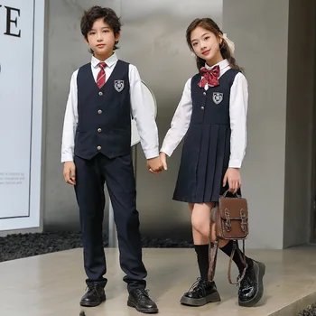 Copil Japonez Uniformă Școlară Cămașă Albă Plisată Bleumarin Șorțuleț Rochie Vesta, Pantaloni, Papion pentru Fată Băiat Haine Set Student Tinuta