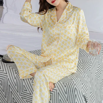 Noua Moda pentru Femei de Gheață de Mătase cu Mâneci Lungi Imprimate Pijama Set Primavara Toamna Stil Subțire Acasă Haine Lejere haine de casă, îmbrăcăminte de noapte