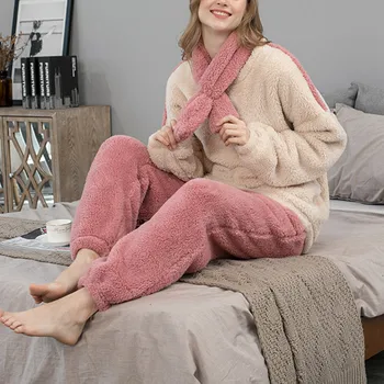 Cardigan femei Sleepwear Set Elastic Talie Pantaloni Toamna Și Iarna Pijamale Flanel Costum Cald O-Gât Casual Costum Pijama