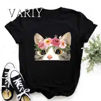 Floare frumoasă Pisică Grafic T Shirt Moda Tee de Imprimare O-Gât Imbracaminte Casual Femei de Vara Maneca Scurta Femei T-shirt