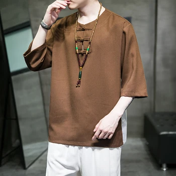 Chineză Stil Național pentru Bărbați Discuri Catarama Retro Hanfu Mid-maneca tricou Solid pentru Bărbați Lenjerie de pat din Bumbac Vrac Kung Fu, Tai Chi Costum