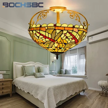 BOCHSBC Tiffany 16inch stil vintage Libelula stainedglass flush mount lumina deco sala de mese, dormitor, hol lumina plafon