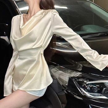 Tinomiswa De Moda De Înaltă Calitate Din Satin Bluza Femei Cu Mult Flare Sleeve Slim Talie Dantelă-Up Tricouri Femei Temperament Cheimse Femme