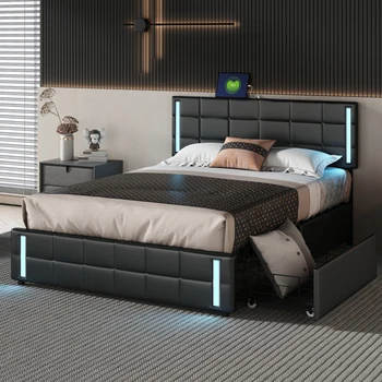 Regina neagra Dimensiune Platforma de Pat Tapitat cu Lumini LED-uri USB și Încărcare, Pat de Depozitare cu 4 Sertare, pentru mobilier de dormitor