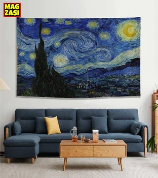 Tapiserie Celebrului Van Gogh Imprimare Pătură Agățat de Perete Star Noapte cu Lună Tapiserie Decorative Pătură Tesatura Dormitor 230x180cm Mare