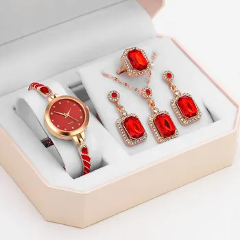 5PCS Set de Lux Roșu Ceas pentru Femei Inel Colier Cercei Stras Ceas de Moda Casual, Doamnelor Ceasuri Brățară Montre Femme