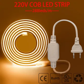 Mare Luminoase COB LED Strip 288leds/M Lumina UE Plug CRI RA90 în aer liber, Grădină FOB de Bandă LED Pentru Dormitor, Bucătărie Iluminat 220V