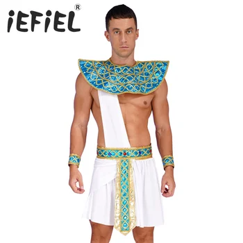 Bărbați Toga Costum Mitologia greacă Antică Cezar Roman Petrecere de Halloween Cosplay Rochie Fancy cu Faux Gulerul și Centura Mansete Set