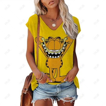 oversize t-shirt femei 2023 Noi Femei V-Neck T-Shirt Design Garfield Print pentru Femei Tricou desene animate Print Camasa Eleganta de Vara