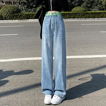 Y2k coreeană de Moda de sex Feminin culori Contrastante Blugi Largi Femei 2023 Femei Pantaloni Retro Blugi Femeie de Talie Mare Streetwear Denim