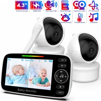 4.3 inch video baby monitor cu 2 Camere Pan-Tilt-Zoom,Acumulator de 3000mAh,Două-mod de a Vorbi,Viziune de Noapte,Temperatura,Hrana Memento