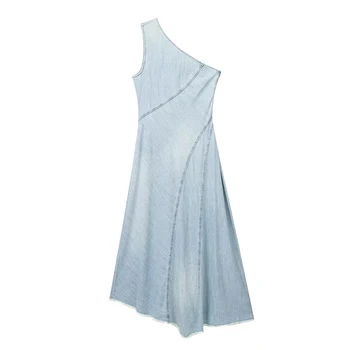 YENKYE 2023 Femei Vintage Albastru Asimetrice Rochie Denim Sexy rochie fără Mâneci Tiv Zdrențuit de sex Feminin Rochii Lungi