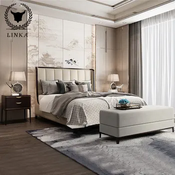 Primul strat de piele de vacă pat dublu modern minimalist Zen modern stil Chinezesc pat king-size, dormitor matrimonial cu mobilier