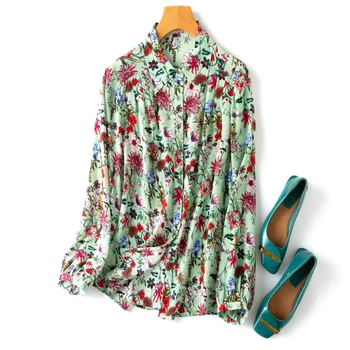 Femei Primavara-Vara Print 100% Matase Naturala Bluza cu Maneca Lunga Cămașă de Bază Multi-color Top Bluze pentru Femei