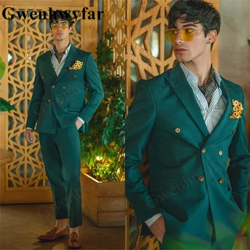 Gwenhwyfar Verde pentru Bărbați Costume Adaptate 2 Piese Sacou Pantaloni 4 Buton Dublu Rânduri Atins Rever Nuntă Personalizate Handcut