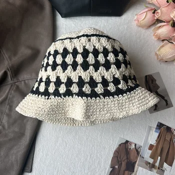 Handmade Crosetat Cu Dungi Bucket Hat Pentru Femei Hollow Tricotate Din Bumbac Panama Curcubeu Minunat Pescar Pălării De Vară Vacanță De Soare Capace