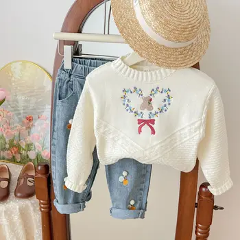 2023 Iarna De Toamna Pentru Copii Fete Topuri Broderii Florale Tricotate Pulover Pulover Cu Dungi Întinde Vrac Copii Fete Pulover