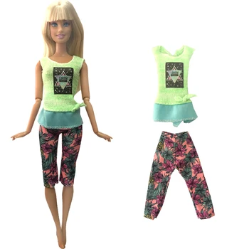 1 Set Verde Casual Yoga Costum Fără Mâneci Sus + Display Pantaloni Skinny Elegant Tricou Casual Pentru Papusa Barbie Dotari Cadou Jucărie