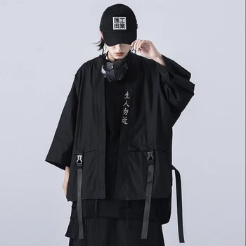 Japoneză Tradițională Kimono Negru Haori Mantie Cardigan Diablo Samurai Ninja Cosplay Costum Chinezesc Hanfu Stil Strat Streetwear