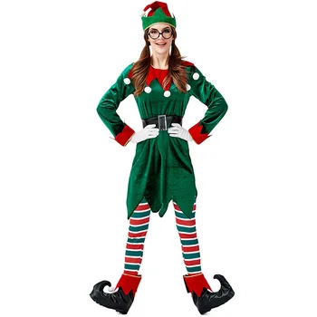 Deluxe 7Pcs Femei Crăciun Costum Cosplay Moș Crăciun Costum Uniforma Pentru Adulți Elf Verde de Vacanță de Crăciun Petrecere Rochie Fancy