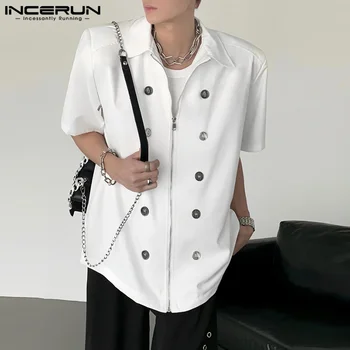 INCERUN Topuri 2023 Stil coreean Noi Bărbați Buton de Metal cu Fermoar Tricouri Casual Streetwear Solid All-meci Scurt cu Mâneci Bluza S-5XL