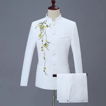 Două Buc Set Sacou Costum Pantaloni / 2023 Moda Casual Barbati Boutique Personalizate de Imprimare Stand Up Guler Chinezesc Tunica Sacouri