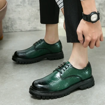 Coslony Bărbați de Înaltă Calitate de Moda Casual, Pantofi tendință de Afaceri de Pantofi Dantela-Up Toe Rotund Talpă Groasă Sporit Verde din Piele Pantofi