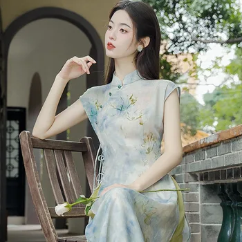 Clasice, Elegante, Feminine Lung Qipao Chineză Tradițională De Imprimare De Flori Rochie De Îmbrăcăminte Vintgae Mandarin Guler Șampanie Vestidos