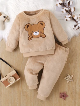 Iarna bebe Băiat de Desene animate Ursul de Pluș Gros O-gât cu mâneci Lungi Top Casual+Elastic Talie Pantaloni Moale Set Toddler Îmbrăcăminte