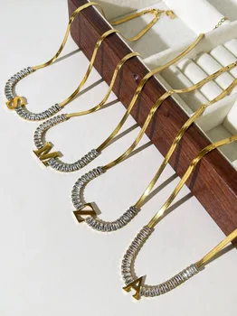Minar Moda Strălucitoare CZ Cubic Zirconia 26 Scrisoare Pandantiv Coliere pentru Femei 18K Placat cu Aur Oțel Titan Spic Cravată