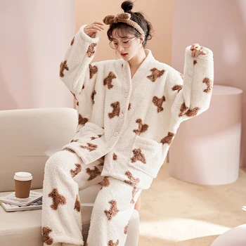2023 Iarna Flanel Cald Femei Pijamale Seturi Gros Coral Pijamas Femei fleece pijama de flanel gros Lung Pijama Set pentru Fata