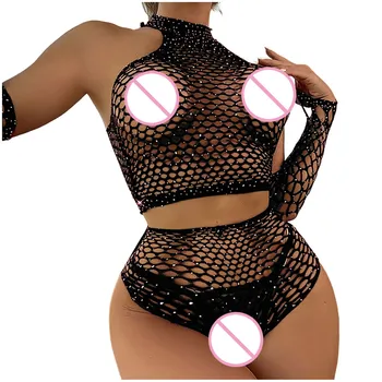 Set de Lenjerie Sexy Fishnet Plasă de Femei Sutien Topuri de Cultură Boxeri Lenjerie Sexy cu Mănuși Stras Sclipici Pur Sutien Erotic Set
