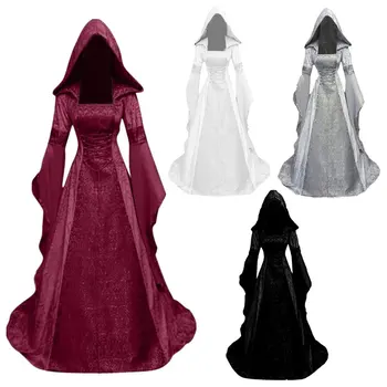 Renașterii Medievale Maxi Tren Rochie De Femei Adulte Halloween Diavol Păgâne Vrăjitoare Nunta Costum Cu Gluga Halat Rochie Pentru Femei