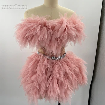 moda rochie roz sexy top si fusta seturi de dans plasă de dantelă cu strasuri petrecere de aniversare club travestit costume de scena de performanță