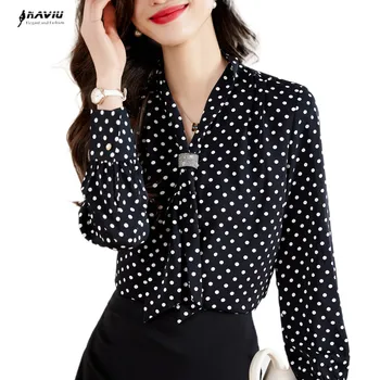 NAVIU Punct Negru V-Neck Tricou Femei de Primăvară Noua Moda Temperament Sifon Design Arc Formale Bluze Office Doamnelor Blaturi de Lucru