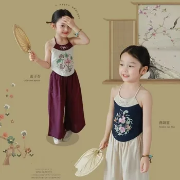 Vara Tradiționale Chineze De Bumbac Halterneck Florale Brodate Tang Costum Top Dudou Pantaloni Largi Picior Fata Oriental Copii Costum