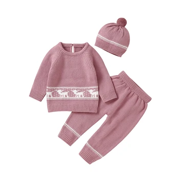Toamna Fete pentru Copii Haine de Seturi de Nou-născuți Sugari Copii Roz cu Maneci Lungi Sweatershirt+Pantaloni+Pălării Tinutele 3pcs Copilul de Iarnă Tricotaje