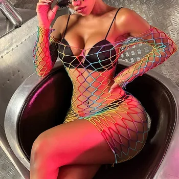 Sexy Curcubeu Fishnet Colorate Rochie cu Maneci Lungi ciorap de Corp Lenjerie