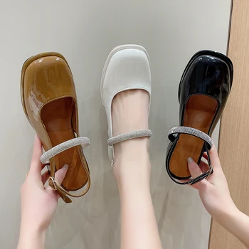 Femei Sandale de Cristal Toc Gros Square Toe Pantofi clasici Nou Design Elegant Superficial Singur Pantofi de Piele de Brevet