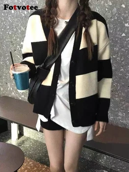 Fotvotee Pulovere cu Dungi pentru Femei Cardigan Tricotate Toamna Iarna 2023 Chic Îmbinat Pulover Moda coreeană Haina cu Maneci Lungi de Sus