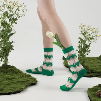 Vara Drăguț Coreeană Stil Harajuku Floare Mare Șosete Lungi Pentru Femei De Moda Japoneză Kawaii Șosete De Mătase Verde Transparent Ciorapi