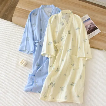 Tifon Kimono Pereche de Pijamale Toamna Maneca Lunga Print Cardigan Dantela-up cămașă de noapte V-Neck Bumbac Halat de baie Femei Bărbați Acasă Noaptea-Roba