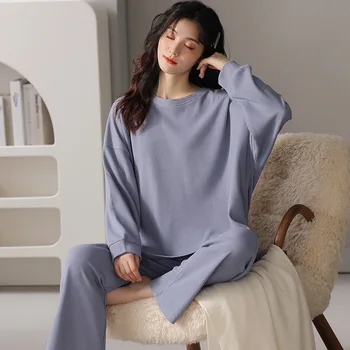 Vafe Bumbac Coreeană Stil Minimalist Femei Pijamale Primavara Toamna Mâneci Lungi Doamna Sleepwear Kawaii Gât Rotund Homesuits 2023