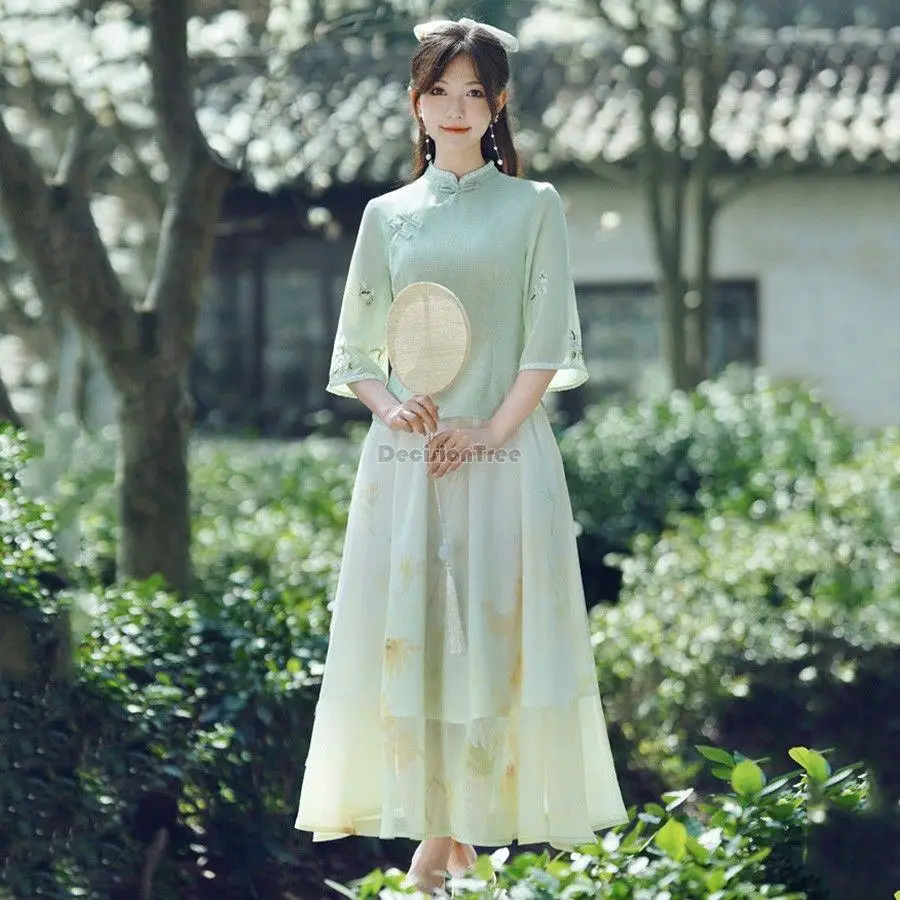 2023 chineză tradițională femei elegante de epocă qipao guler cheongsam set stil oriental pentru femei elegante qipao tangsuits set de zi cu zi
