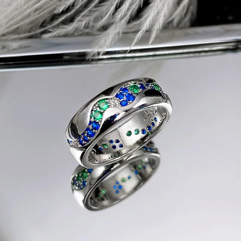 2023 Noi Argint 925 Albastru-Verde Inel Cu Diamant Inel Unisex Inovatoare Simplu Inel De Producatori Vanzari Directe