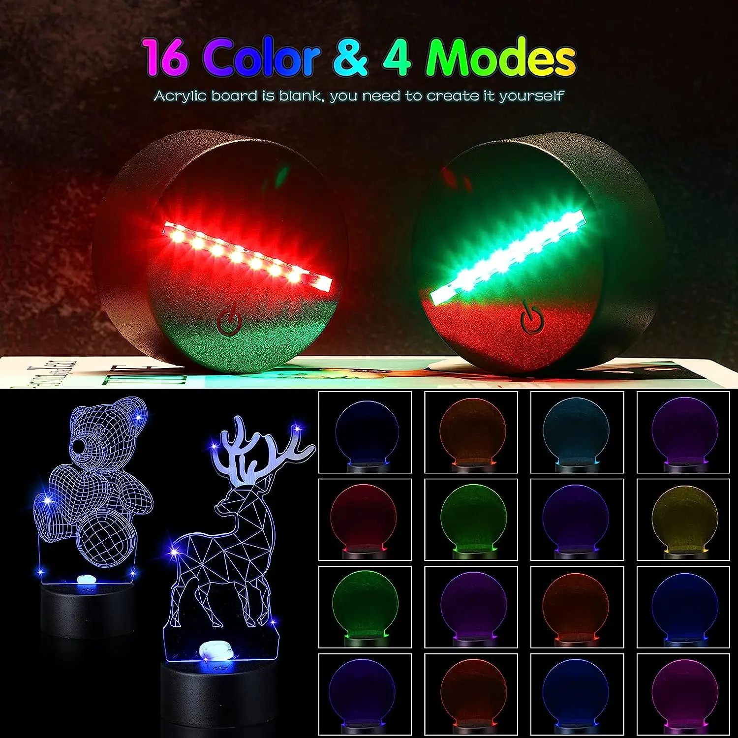 4 Piese 3D Lumina de Noapte LED-uri Lampă de Bază Clare cu Foi Acrilice Și Control de la Distanță Cabluri USB Reglabil 16 Culori 4 Modul